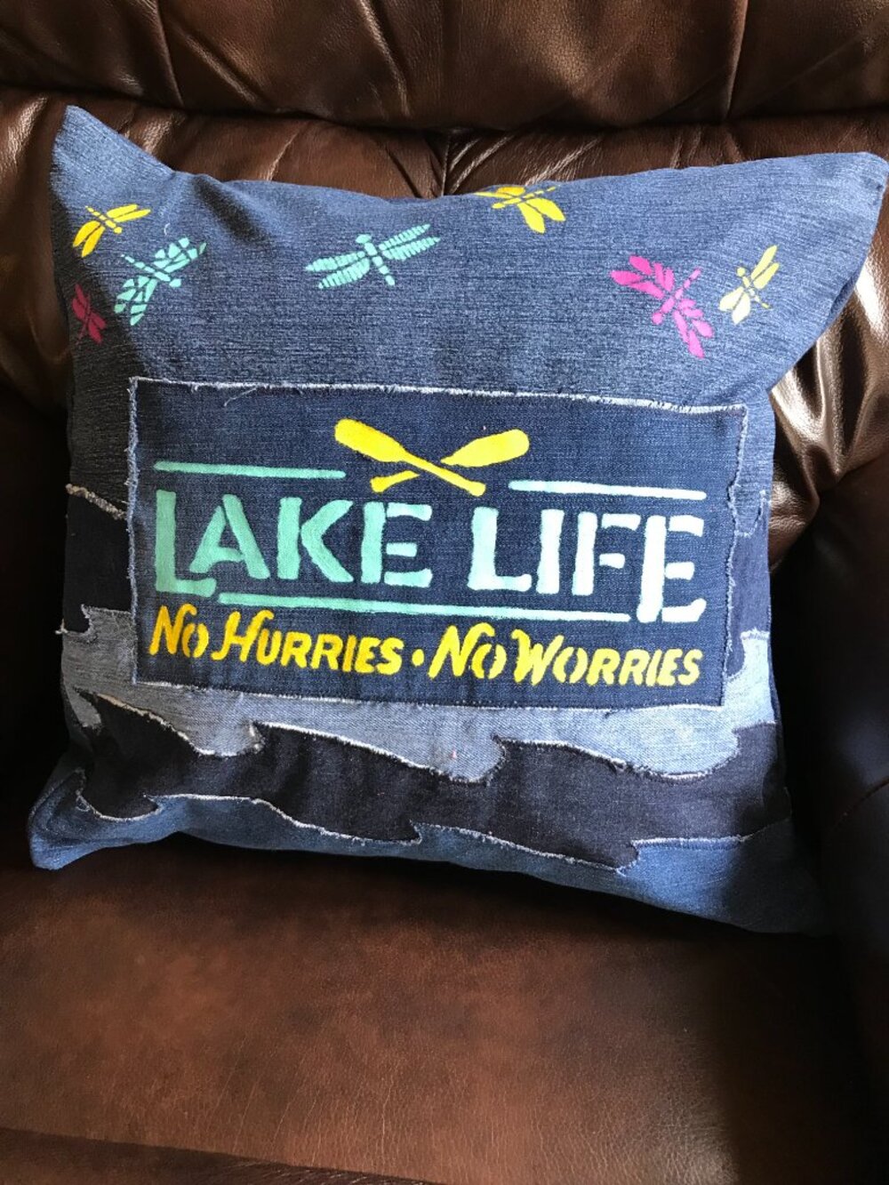 Lake Life Pillow Cover 18 x 18 Handmade Lakehouse Cabin Decor Waves Dragonflies